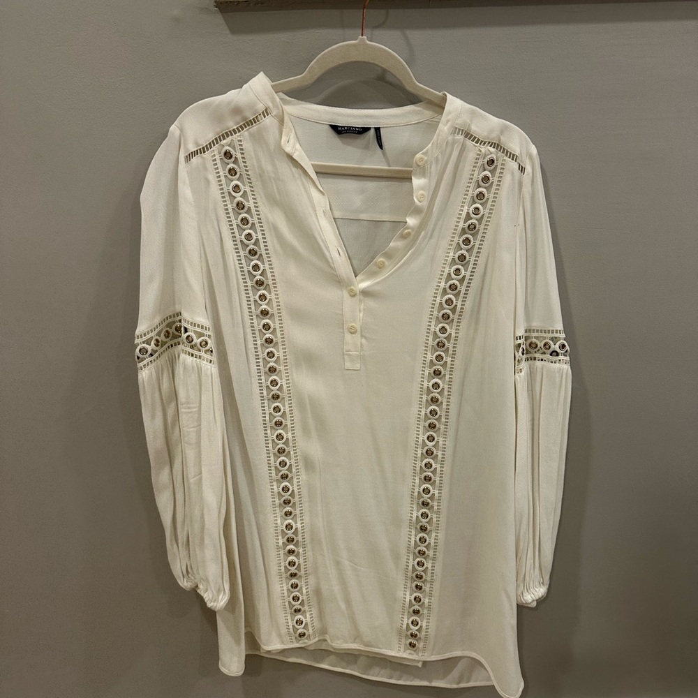 Marciano Cream Midi Dress with Mandarin Collar and Relaxed Fit